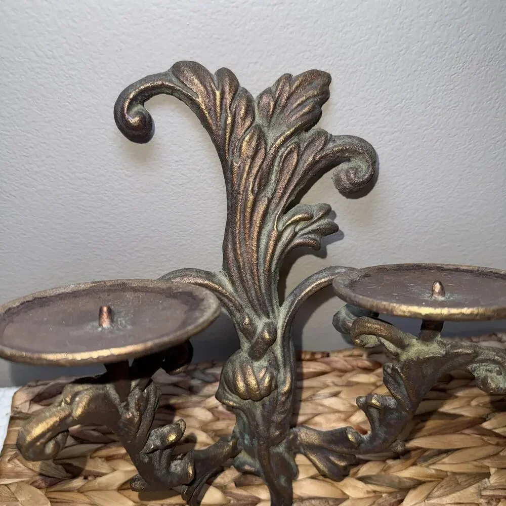 Vintage Cast Iron Double Candle Wall Sconce Acanthus Leaf Spanish Revival Decor